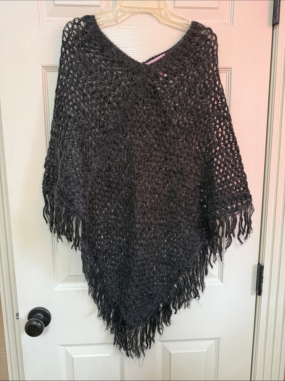 Women's Open-Knit Fringe Poncho Sweater - Charcoal